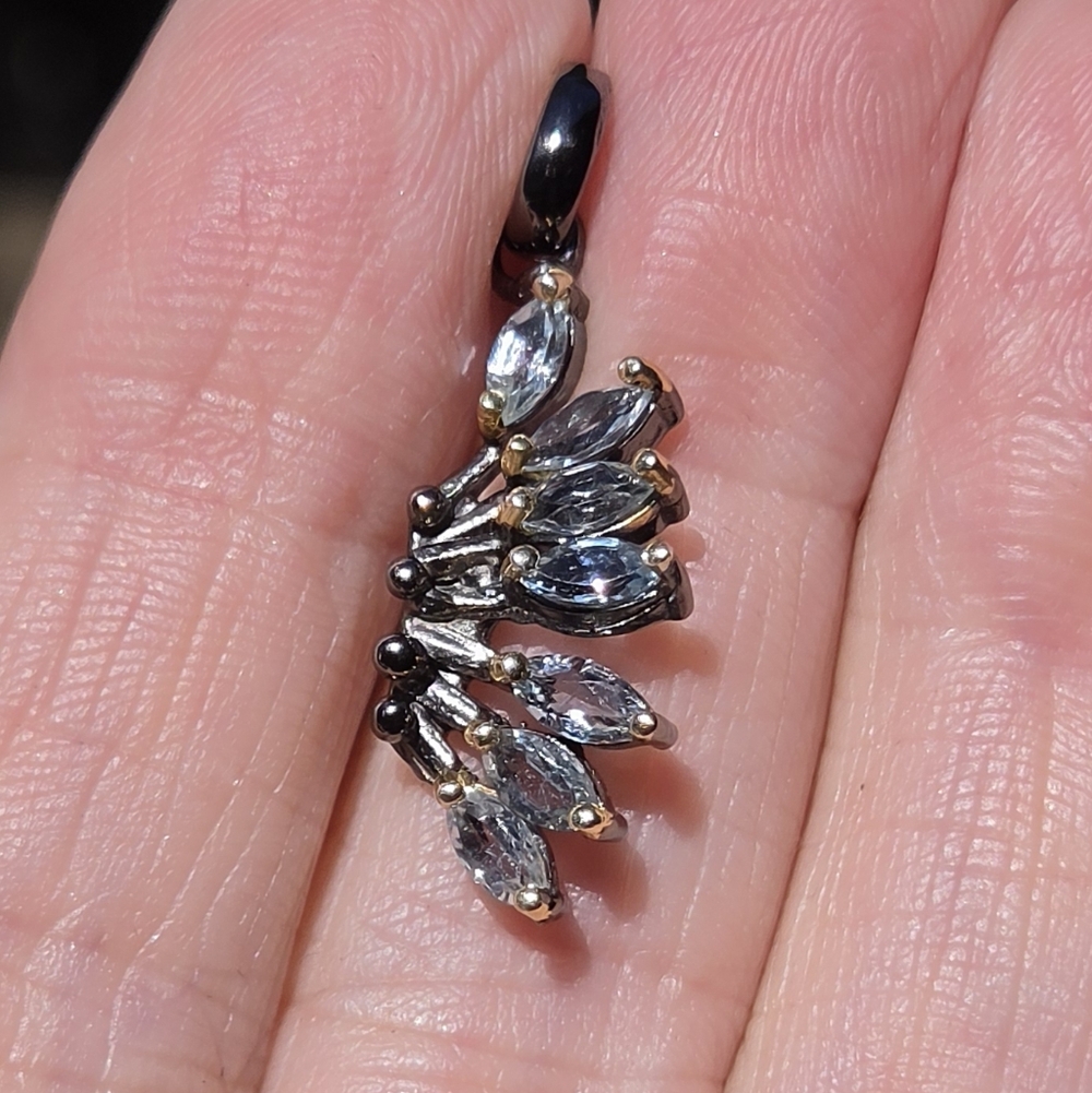Blue Topaz Marquise Cut Sterling Rhodium & Gold Angel Wing Pendant - Picture 1 of 8